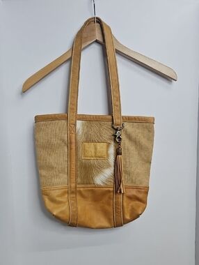 Canoe Handmade Tan Leather Hair Burlap Tote Shoulder Bag 13" x 12" Tassel
